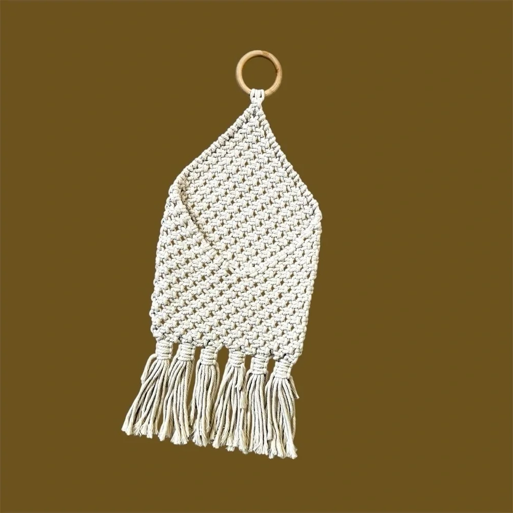 NWOT Boho Macrame Hanging Plant Holder with Wooden Ring & Fringe Tan/Cream